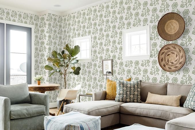 Dimoon Vintage Peel and Stick Wallpaper Sage Green Floral Contact Paper 17.3''x197'' Retro Cottage Beige Wallpaper Boho Removable Renter Friendly Embossed Wall Paper for Bathroom Bedroom Decor Vinyl - Image 5