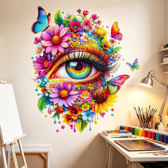 Floral Flower Eye Wall Decals, Trippy Boho Butterfly Wall Stickers | Aesthetic indie flowers butterfly peel and stick wall decor, removable vinyl wall art mural for bedroom living room - Image 6