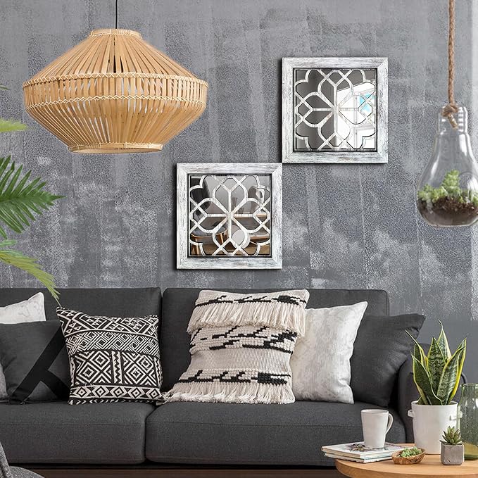 Set of 4 Boho Wall Mirrors with Carved Floral Design, 12x12 Inch Rustic Farmhouse Accent Mirrors, Vintage Style Shatterproof Square Mirror Decor for Living Room, Bedroom(Grey) - Image 2