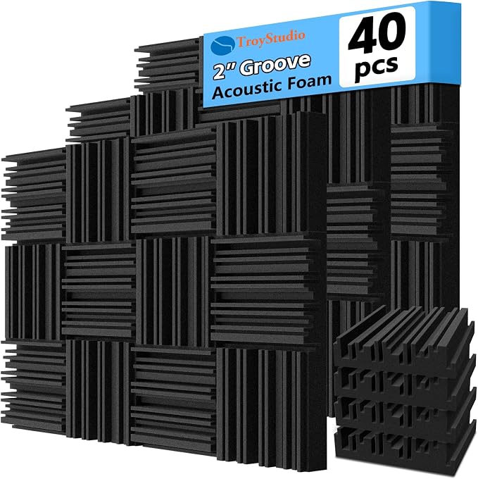 TroyStudio Thick Acoustic Foam Panels, 12 X 12 X 2 Inch 40 Pcs Broadband Sound Absorbing Foam, Dense Soundproof Padding Tile, Recording Studio Foam Absorber, Groove Decorative 3D Wall Ceiling Panel by TroyStudio