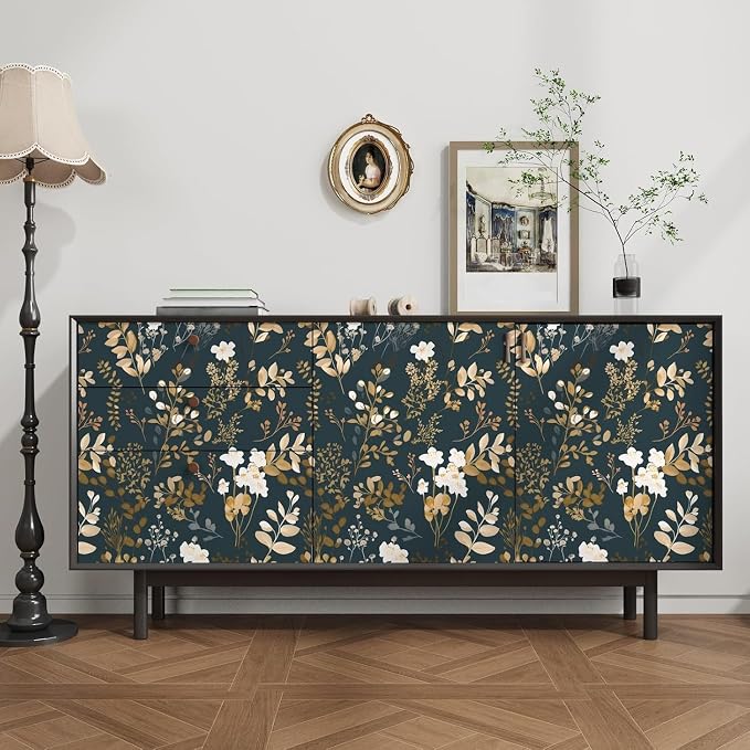 Laatse Vintage Dark Navy Gold Floral Peel and Stick Wallpaper 17.5"x787" | Self Adhesive/Removable/Waterproof/Thick Vinyl Extra Long Contact Paper for Bathroom Bedroom Shelf Cabinet Drawer,Prepasted - Image 3