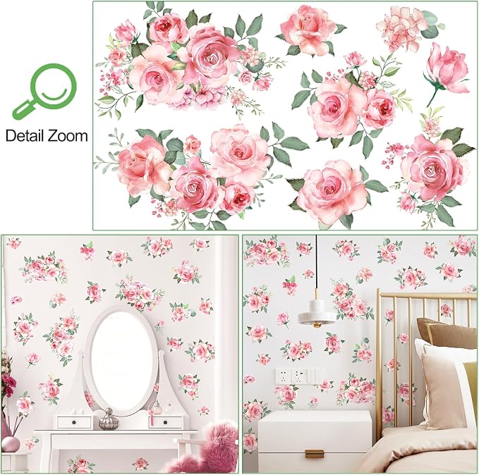 Pink Flowers & Green Leaves Wall Decals - Removable Peel & Stick Garden Floral Wall Stickers for Bedroom & Living Room - Image 3