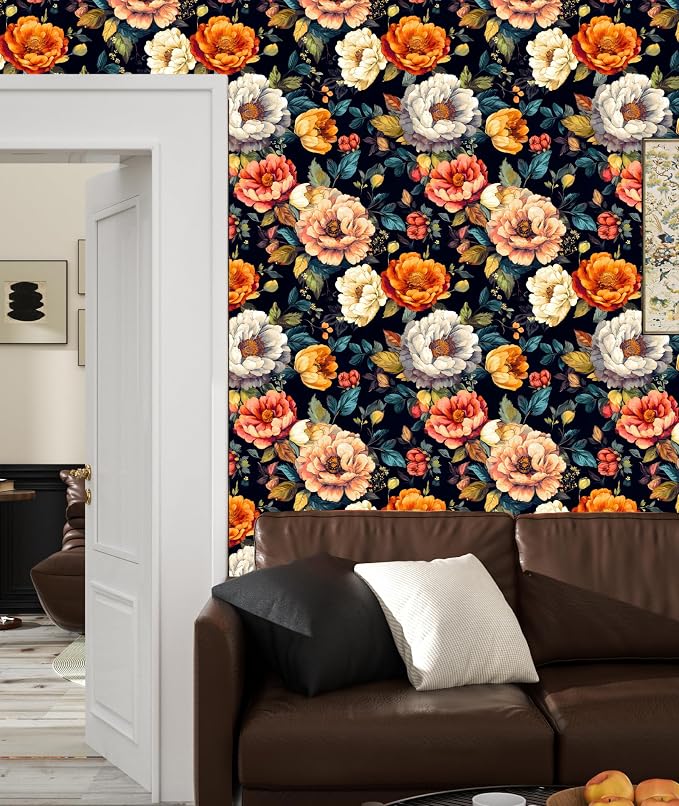 BOKEBEVE Floral Wallpaper Peel and Stick Boho Colorful Black 17.5 x 118In | Removable Self Adhesive Renter Friendly Vintage Floral Wall Paper for Bedroom Bathroom Cabinet Drawer Feature Accent Wall - Image 6