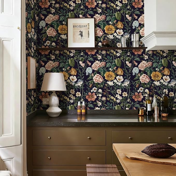Livebor Floral Peel and Stick Wallpaper Floral Contact Paper 16.9"x118.1" | Dark Flower Wallpaper Neutral Boho Self Adhesive Removable Wall Paper for Cabinets Bathroom Waterproof Decorative Vinyl - Image 7
