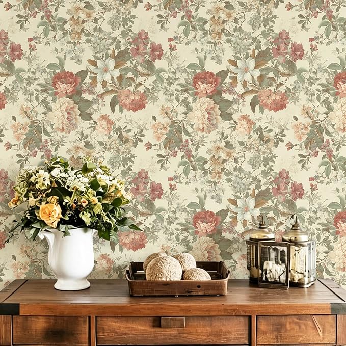 Floral Wallpaper Vintage Peel and Stick Wallpaper for Bathroom 78.7"×17.3" Cream Floral Wall Paper Peony French Country Contact Paper for Nursery Kitchen Self-Adhesive Vinyl Waterproof by Fiula