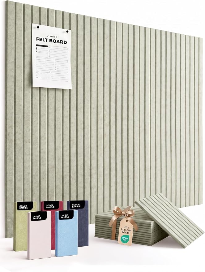 VIVELDA Large Felt Bulletin Board 48 x 36 Inch - 12-Pack Square Acoustic Wall Panels, Cork Board Alternative, NRC 0.95, Damage-Free Adhesive, Slatted Design for Home, Classroom (Sage) by VIVELDA%C2%AE