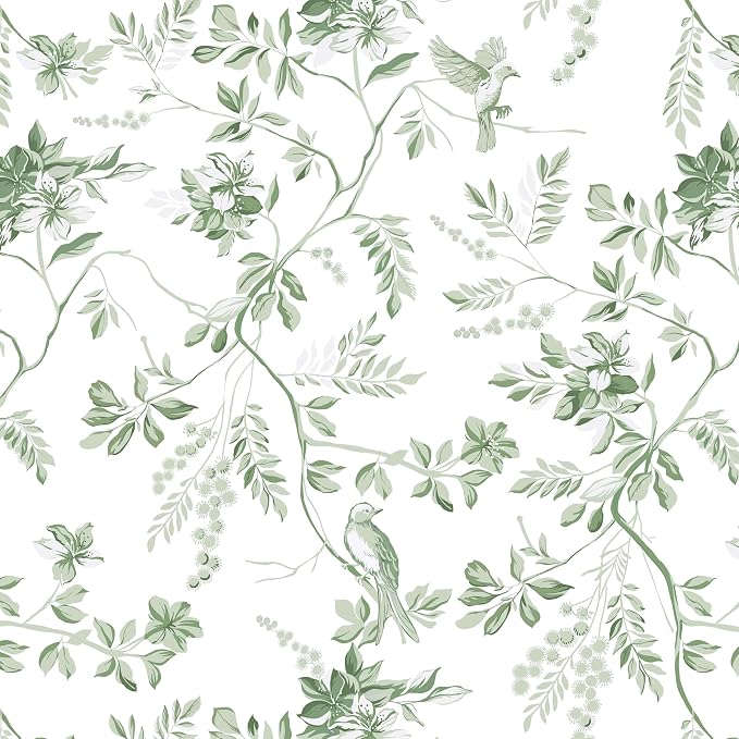 Dimoon 17.3''x78.7'' Botanical Peel and Stick Wallpaper Green Floral Modern Contact Paper White Bird Wallpaper Removable Renter Friendly Waterproof Embossed Kitchen Bedroom Bathroom Vinyl Roll by DIYYOURMOON