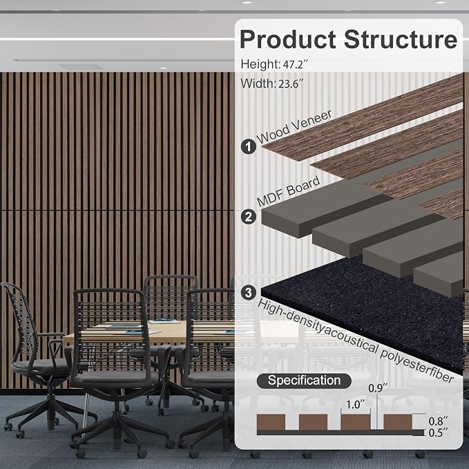 Wood Panels for Wall Acoustic Slat Wall Panels 2-Piece 47.2"×23.6" 3D Fluted Sound Absorbing Panel for Interior Wall Decor and Ceiling - Walnut - Image 8
