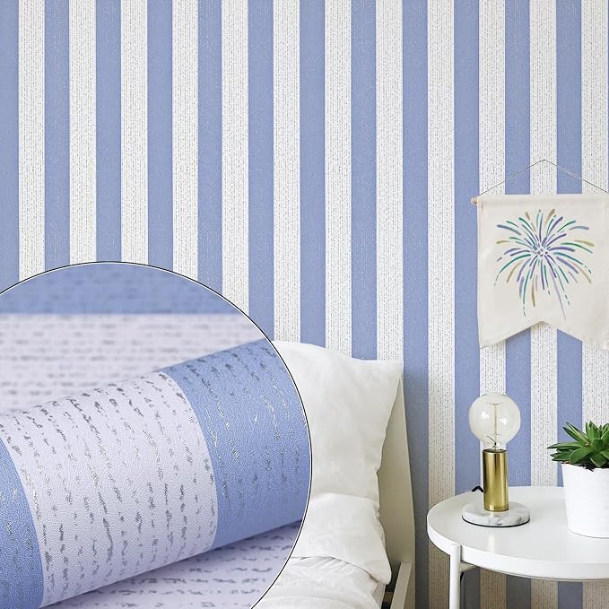 Blue Stripe Peel and Stick Wallpaper 15.7" x 118" | Blue and White Striped Boho Self-Adhesive Contact Paper Removable Waterproof Wallpaper for Bedroom,Cabinets,Drawer Liners - Image 3