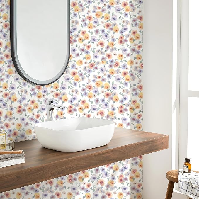 Orange Watercolor Floral Peel and Stick Wallpaper, 17.3" x 472" Soft Pastel Flower Removable Vinyl Wallpaper, Waterproof Self-Adhesive Vintage Floral Contact Paper for Nursery Bedroom Cabinets - Image 4