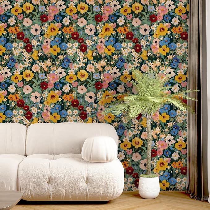 BOKEBEVE Floral Wallpaper Peel and Stick Boho Green Yellow 17.5 x 118In | Removable Self Adhesive Renter Friendly Vintage Watercolor Wall Paper for Bedroom Bathroom Living Room Accent Wall - Image 2