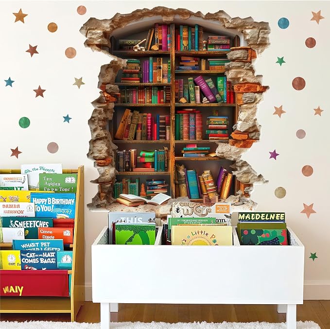 Vintage Read Book Wall Stickers 3D Broken Wall Library Decal Peel and Stick | Reading room art murals, read sign, removable vinyl wallpaper, bookshelf bookcase decoration, for school classroom home decor - Image 4