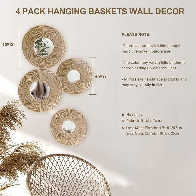 Artilady Hanging Baskets Wall Art with Mirror, 4Pcs Boho Coastal Wall Decor - Image 3