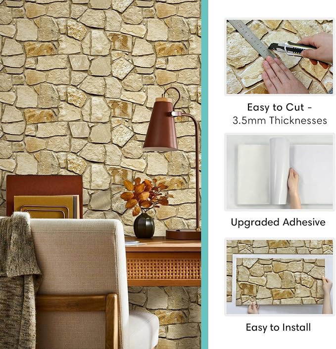 Commomy Peel and Stick Faux Stone 3D Wall Panels 12 pcs of 22.8" x 11.8" | Thin & UrltraLight PVC Rock Wall Covering for Bedroom,Living Room,Home Office Interior Home Wall Decor(Covers 22.48 sq.ft) - Image 4