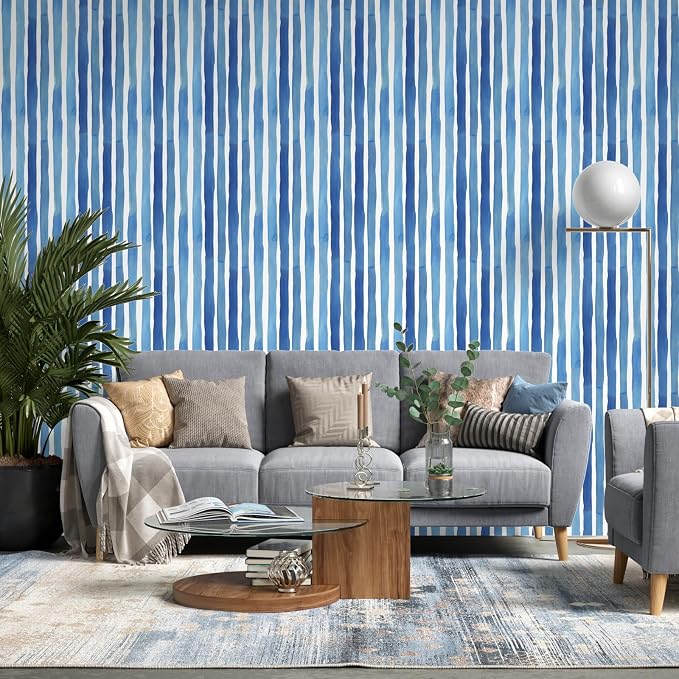 Watercolor Blue Vertical Stripe Peel and Stick Wallpaper 17.3" x 197" Modern Abstract Geometric Contact Paper, Waterproof Self-Adhesive Removable Vinyl Wallpaper for Bedroom, Cabinets, Bathroom Decor - Image 4