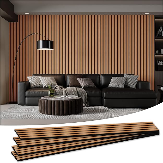 4 Pack Wood Salt Acoustic Wall Panels 94" x 12.6" x 0.8", Brown | 3D Fluted Soundproof Wooden Wall Panel, Sound-absorbing Wall Decor for Home Theater Studio Office Bedroom by LDB_BUILDING