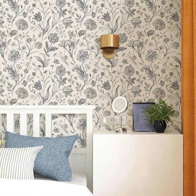 Beige and Black Floral Peel and Stick Wallpaper Floral 17in x 197in | Botanical Wallpaper Vintage Contact Paper Black Flower Removable Wall Paper for Bathroom Bedroom Boho Self Adhesive Vinyl - Image 6