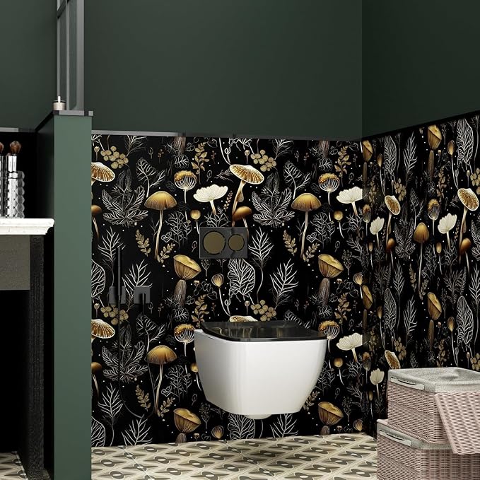 Laatse Dark Mushroom Wallpaper Peel and Stick 17.5" x 787",Black Gold | Self Adhesive/Removable/Waterproof/Thick Vinyl Extra Long Contact Paper for Bathroom Bedroom Shelf Cabinet Drawer,Prepasted - Image 6