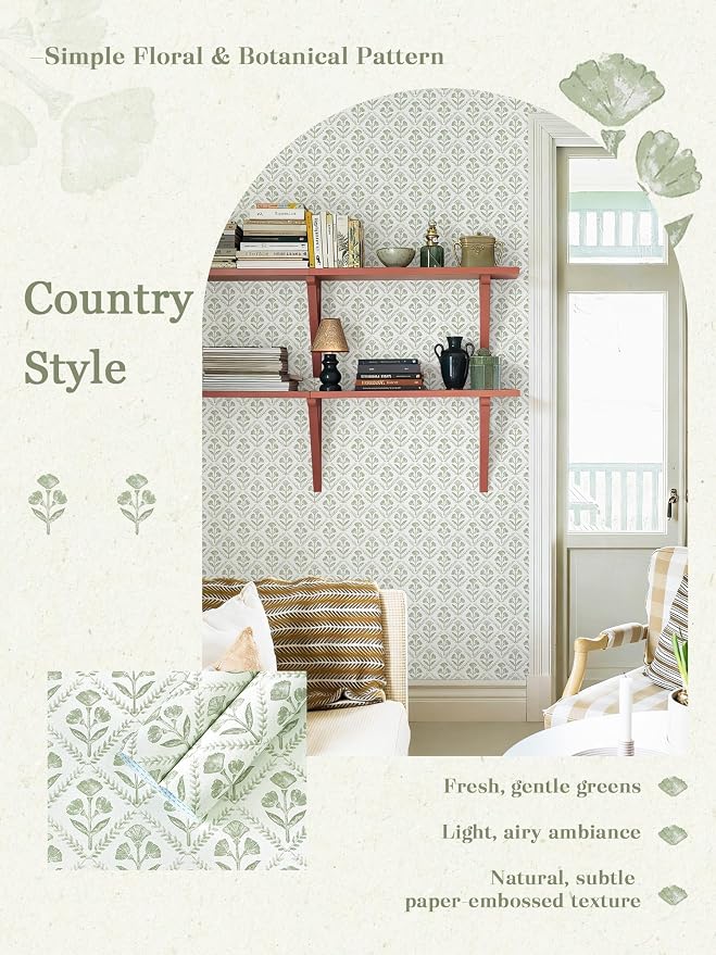 Dimoon Green Peel and Stick Wallpaper Floral Contact Paper Village Vintage Summer Cute Farmhouse Cottage Wall Paper Country Renter Friendly Geometry Waterproof Moody Bathroom Kitchen 78.7"x17.3" - Image 4
