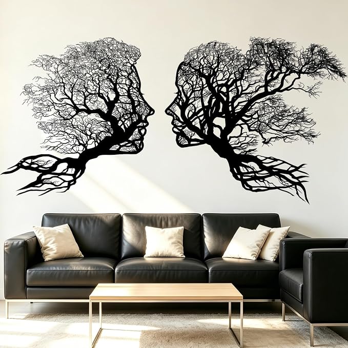 Black Silhouette Face Tree of Life Couple Boho Wall Decals Decor Stickers | Man woman human face peel and stick removable vinyl abstract wall art mural decoration for bedroom living room office by VePret