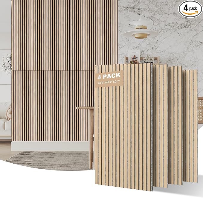 AKUMAX Wood Slat Acoustic Wall Panels, 4 Pack 24 x 48 in Each, 31 ft², NRC 0.80 Sound Absorbing 3D Slat Wall Paneling with Real Wood Veneer, E0 MDF and PET Felt, Classic Oak by AKUMAXWOODWALLPANELS