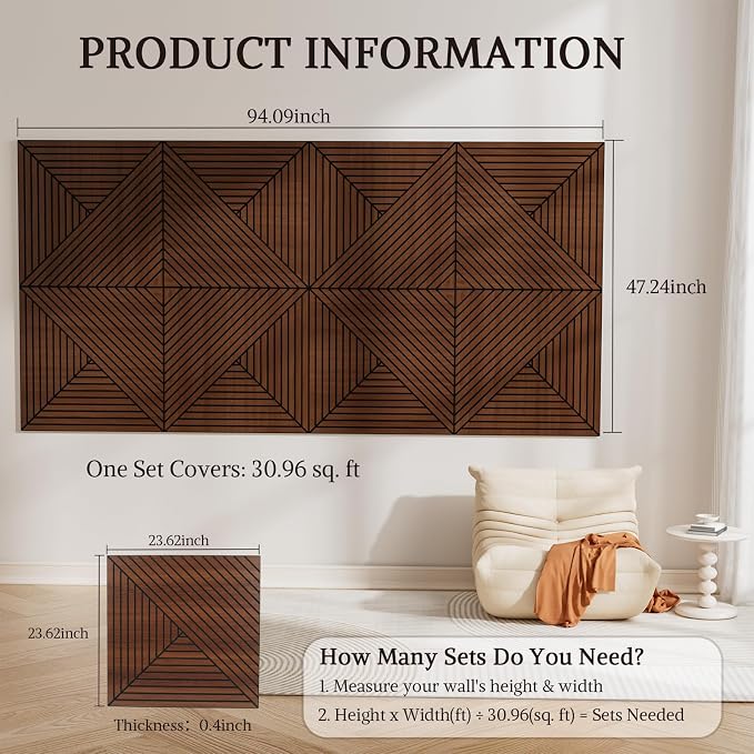 Acoustic Wall Panels, 8 Piece 23.62"X 23.62" PVC Peel and Stick Wall Panels | High-Density Polyester Fiber Self Adhesive Soundproofing for Interior Wall Décor, Recording Studios, Walnut - Image 2