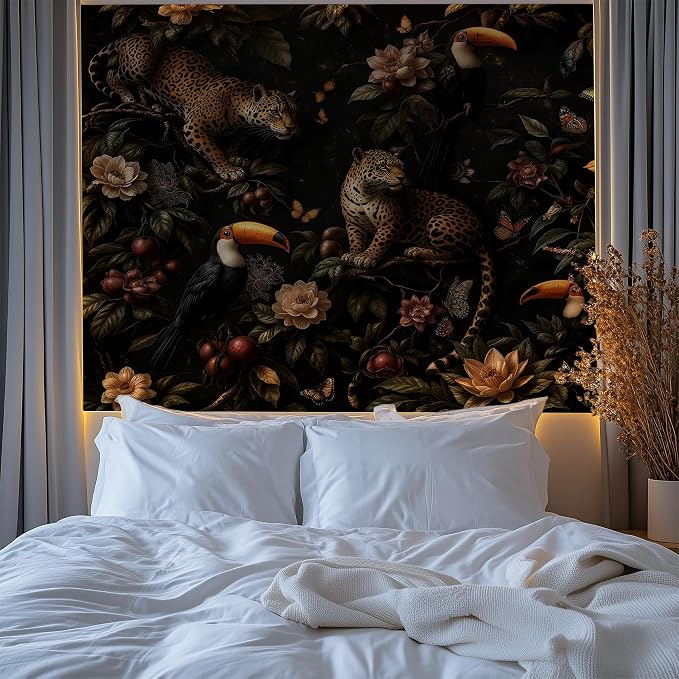 Dark Tropical Jungle Leopard Peel and Stick Wall Mural, Canvas Wallpaper | Large Removable Jungle Mural with Leopard, Toucan and Tropical Flowers for Living Room, Bedroom or Accent Wall Decor - Image 6