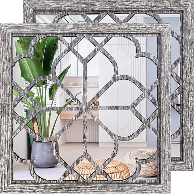 Wocred 2 PCS Square Wall Mirror,Gorgeous Rustic Farmhouse Accent Mirror,Barn Wood Color Entry Mirror for Bathroom Renovation,Bedrooms,Living Rooms and More(20”x20”) by Wocred