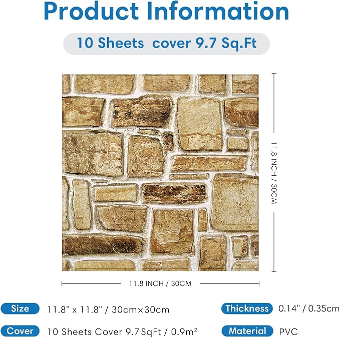 COMSTICKC 3D Faux Stone Wall Panels Peel and Stick, 10 Pcs 11.8" x 11.8" | Yellow Brown, Not Real Stone, Ultra-Light Thin PVC 3D Fake Rock Wall Sticker Covering for DIY Interior Decor, Cover 9.7 sq ft - Image 5