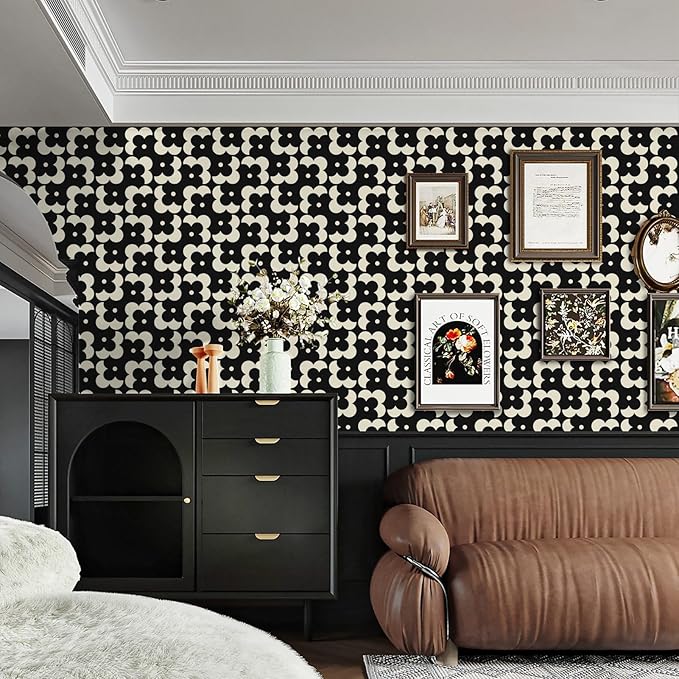 Ismoon Geometric Peel and Stick Wallpaper Boho Black and Beige Contact Paper 118"x17.3" Vintage Floral Wallpaper Removable Self-Adhesive Wall Paper Waterproof for Bathroom Wall Decor Vinyl - Image 6
