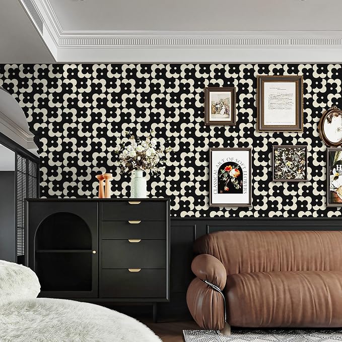 Ismoon Geometric Peel and Stick Wallpaper Boho Black and Beige Contact Paper 393"x17.3" Vintage Floral Wallpaper Removable Self-Adhesive Wall Paper Waterproof for Bathroom Wall Decor Vinyl - Image 5