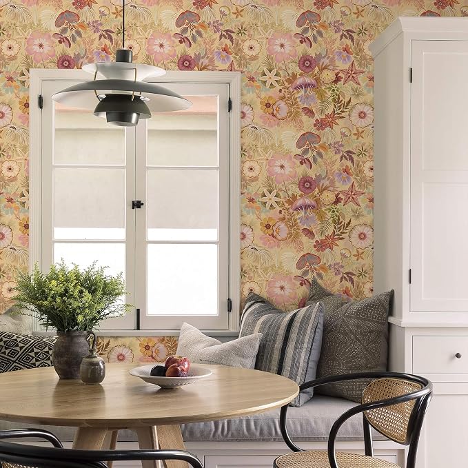 Ismoon Vintage Floral Peel and Stick Wallpaper Deep Beige Contact Paper Jellyfish Starfish Stick on Wall Paper Removable Self Adhesive Vinyl Wallpaper for Bedroom Wall Cabinet Decor 17.3x393in - Image 4