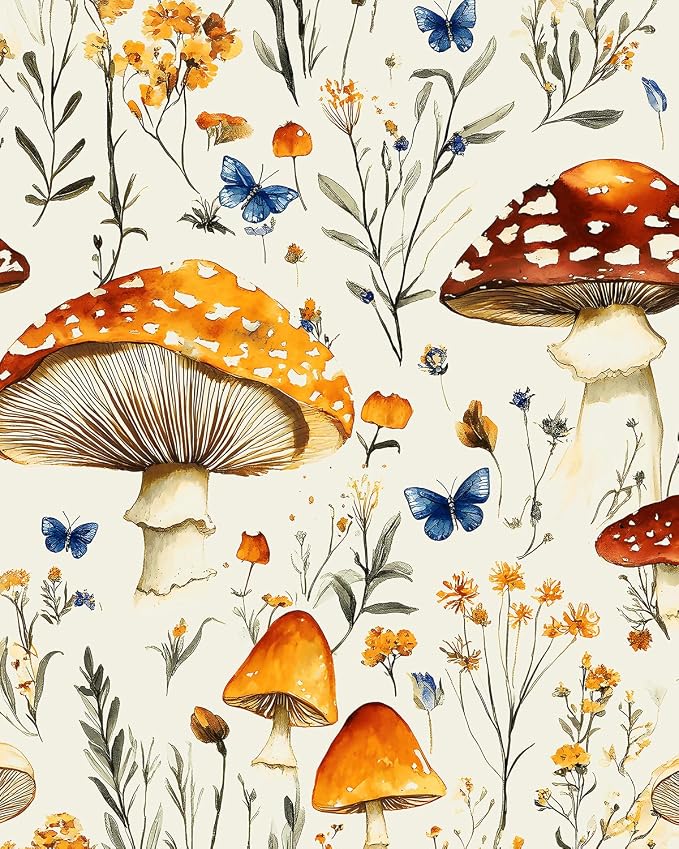 BOKEBEVE Mushoroom Wallpaper Peel and Stick Boho Beige Yellow 17.5 x 118In | Removable Self Adhesive Renter Friendly Vintage Floral Wall Paper for Bedroom Bathroom Cabinet Drawer Feature Accent Wall by BOKEBEVE