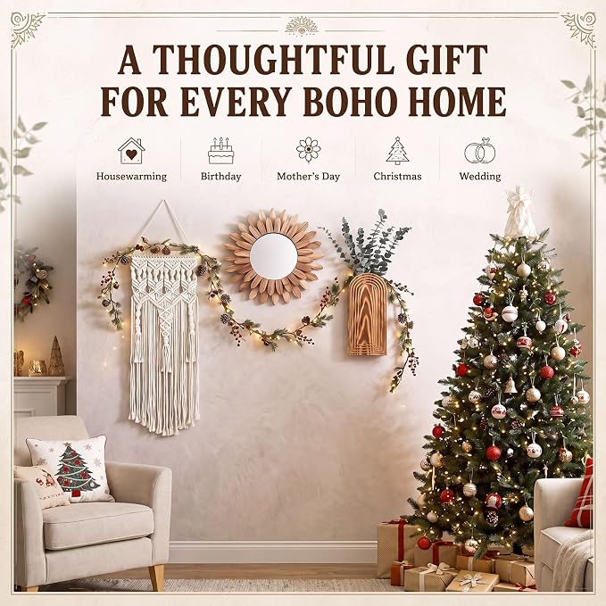 Novabright 9 Pcs Boho Decor Set Rustic Wood Boho Aesthetic Mirror Wooden Wall Vase Macrame Woven Wall Hanging 6 Pcs Eucalyptus Stems for Living Room Bedroom Home Party Wedding Decoration - Image 4