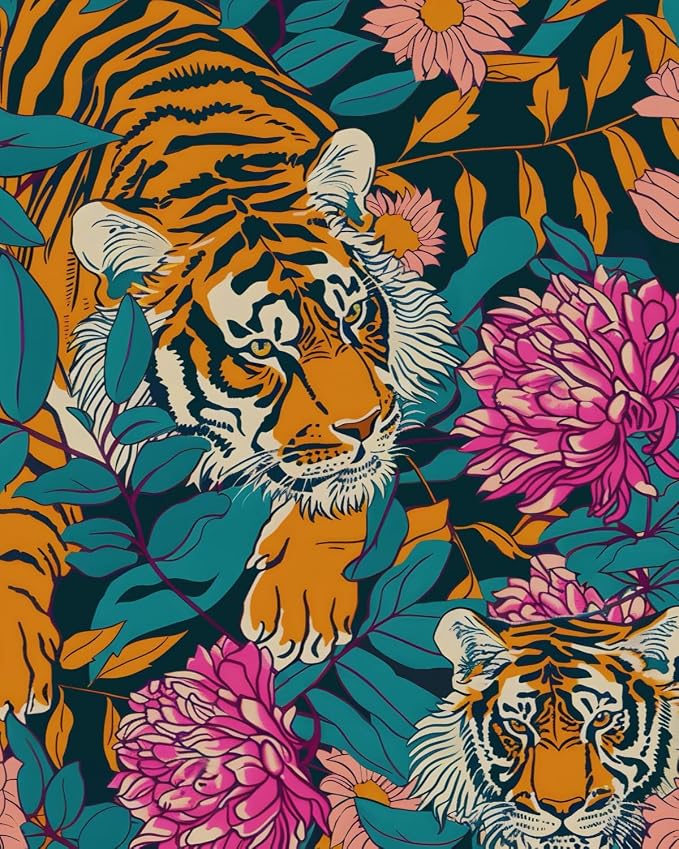 BOKEBEVE Tiger Floral Wallpaper Peel and Stick Vintage Orange 17.5 x 118In | Removable Self Adhesive Renter Friendly Jungle Tiger Wall Paper for Bedroom Bathroom Living Room Feature Accent Wall by BOKEBEVE