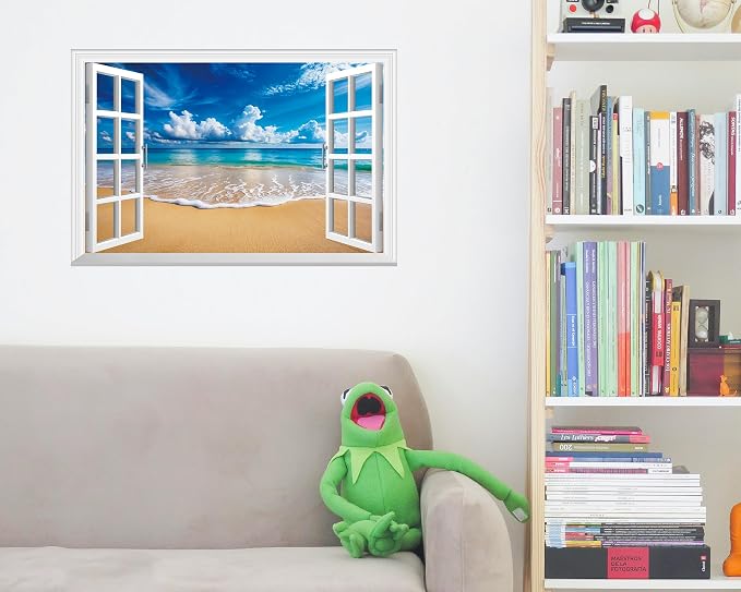 FLFK Fake Window Wall Decal - Ocean Beach Faux Window Wall Mural for Wall Decor, Peel and Stick Wall Sticker,24"x16" - Image 4