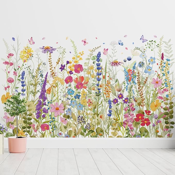 Zonon 6 Pcs Flower Wall Decals Peel and Stick Sticker, Wildflowers | Vinyl Removable Wall Stickers & Murals, Colorful Butterfly Wall Decals, Wildflower Decor for Bedroom, Living Room, Nursery by Zonon