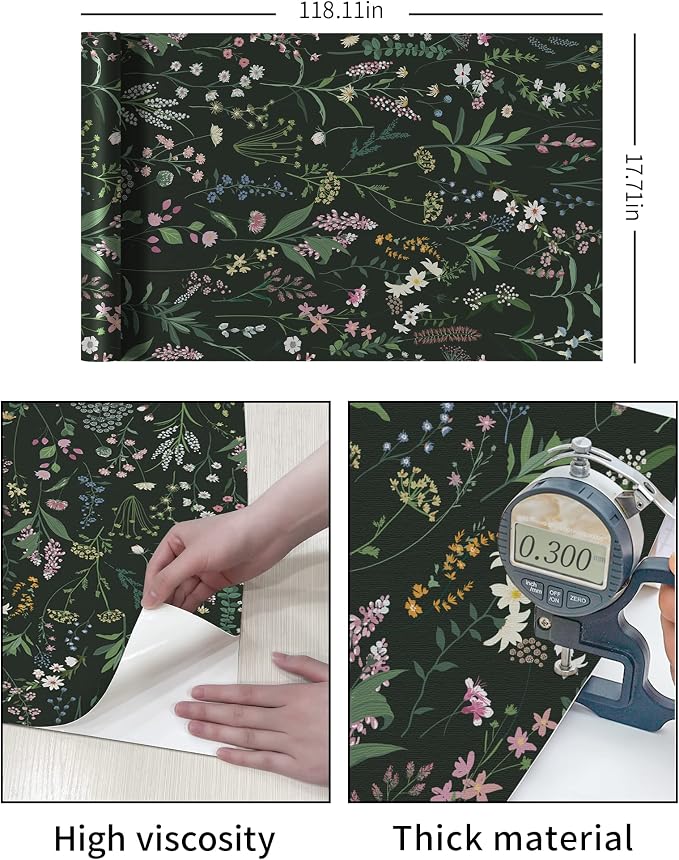 JiffDiff Dark Green Botanical Floral Peel and Stick Wallpaper, 17.3" x 118" | Waterproof Removable Self Adhesive Wallpaper, Dark Farm Wildflower Stick on Wallpaper for Home Bedroom Contact Paper,14.4 sq. - Image 7