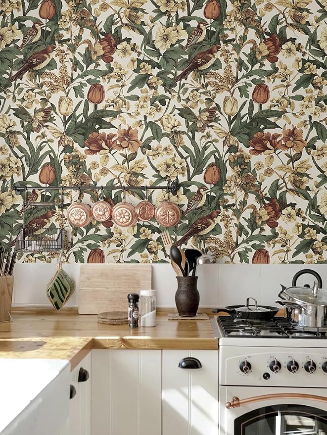 Erfoni Retro Floral and Bird Contact Paper Vintage Peel and Stick Wallpaper - Image 2