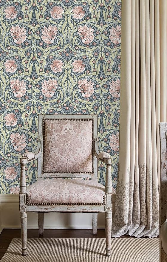HAOKHOME William Morris Wallpaper Peel and Stick Vintage 17.3in x 32.8ft | Extra Long Peel and Stick Textured Wall Paper Renter Friendly Removable Grey Terracotta Yellow Floral Bathroom Bedroom Mural - Image 4