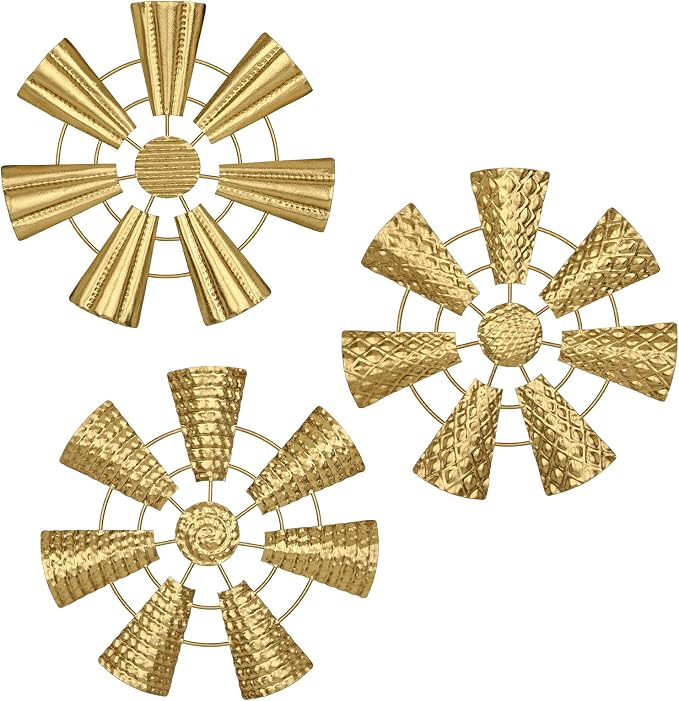 Briful 12" Wall Décor Pack of 3 Metal Gold Windmill Radial Plate Wall Art Modern Accent Hanging Wall Decorations For Home Office Living Room Wall Sculptures by Briful