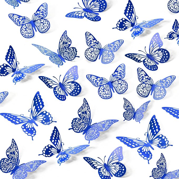 SAOROPEB Butterfly Wall Stickers, 48 Pcs 4 Styles 3 Sizes, Metallic Paper, Removable, Navy Blue, Art Deco Decor for Wall | 4 Styles 3 Sizes, Butterfly Birthday Decorations Butterfly Party Decorations Cake Decorations, Removable Stickers by SAOROPEB