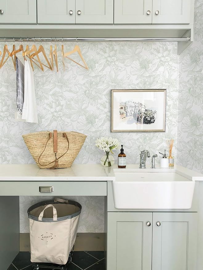 Ismoon Large Floral Peel and Stick Wallpaper Boho Green and White Contact Paper 17.3inx6.5ft Modern Wall Paper Removable Self Adhesive Vinyl Wallpaper for Bedroom Cabinet Bathroom Mural Wall Decor - Image 4