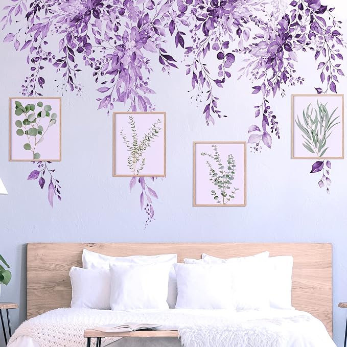 Purple Plants Leaves Wall Decals Peel and Stick, Large Floral Flowers Wall Stickers, Removable Vine Home Decor Art for Bedroom Living Room Classroom Office - Image 9