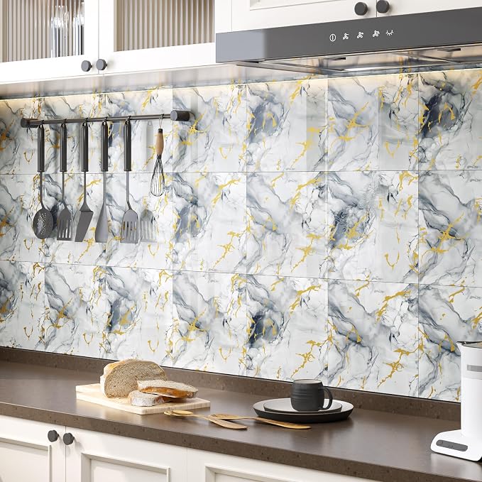 10pcs Marble Peel and Stick Backsplash Wall Tiles, Waterproof Shower Wall Panels, 11.8"x11.8" Peel and Stick Tile for Home Bathroom, Kitchen, Washroom, Living Room, Blue and Gold (Not Real Tile) - Image 5