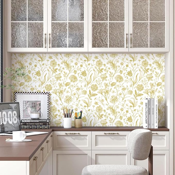 Floral Peel and Stick Wallpaper Gold Contact Paper 17in x 118in | Botanical Wallpaper Vintage Contact Paper Black Flower Removable Wall Paper for Bathroom Bedroom Boho Self Adhesive Vinyl - Image 3
