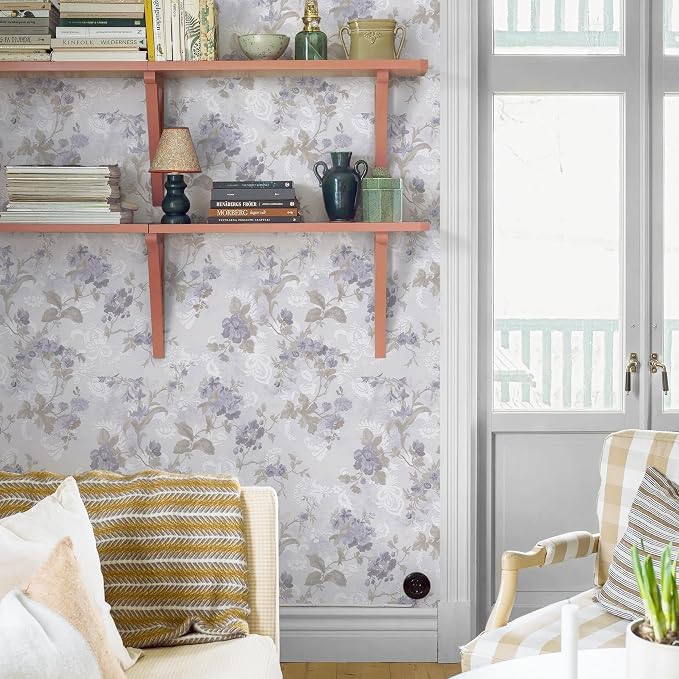Ismoon Vintage Wallpaper Floral Peel and Stick Wallpaper 17.3in x32.8ft Gray Country Retro Flower Wall Paper Texture Removable Stick on Wall Paper for Bathroom Cabinets Countertops Self-Adhesive Vinyl - Image 3