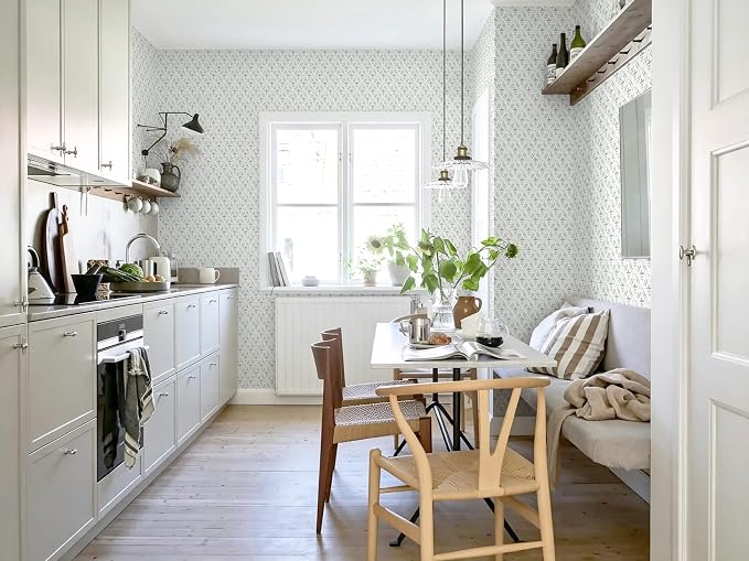 Heroad Blue Peel and Stick Wallpaper Farmhouse Tiny Floral Wall Paper 17.3''x393'' Vintage Rustic Cottage Contact Paper Geometric Self Adhesive Removable Wallpaper for Bedroom Kitchen Cabinet Decor - Image 6