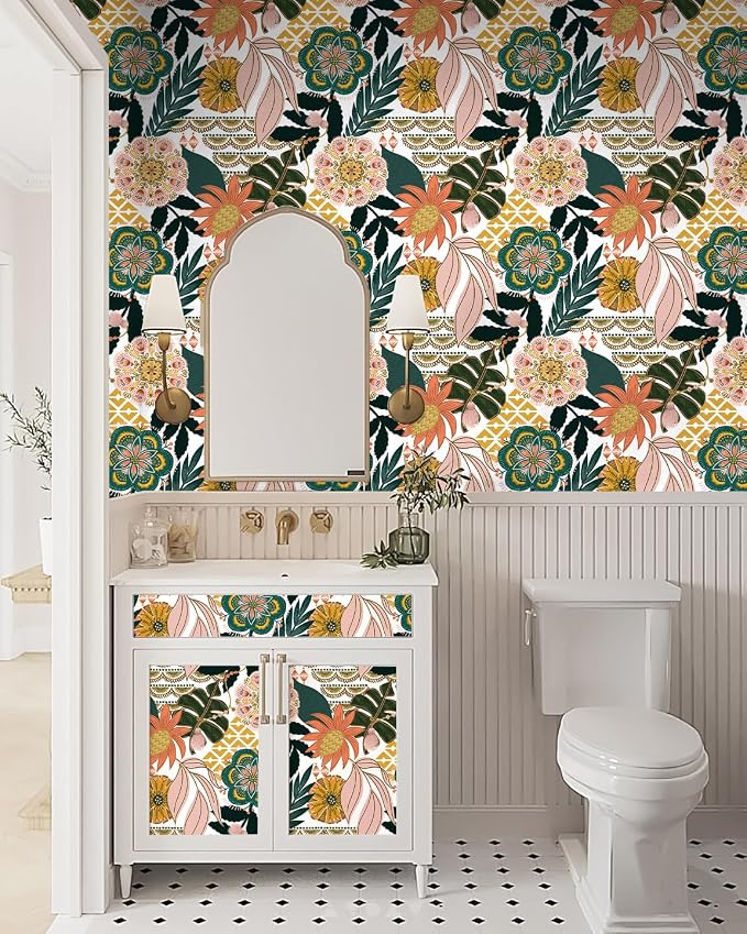 HAOKHOME Peel and Stick Wallpaper Boho Tropical Floral Retro 17.3in x32.8ft | Botanical Banana Leaf Textured Removable Waterproof Renter Friendly Wall Paper White Pink Green Contact Paper for Bathroom - Image 5