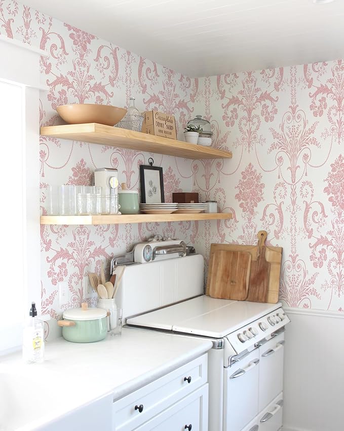 Damask Floral Peel and Stick Wallpaper Boho Pink and White Contact Paper | 17.3" X 118" Pink Damascus Decorative Wallpaper DIY Removable Self Adhesive Wallpaper for Bedroom Cabinets Covering Vinyl - Image 4